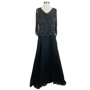 JKara Beaded Chiffon Long Sleeve A-Line Evening Gown Black Size 6 Formal Dress